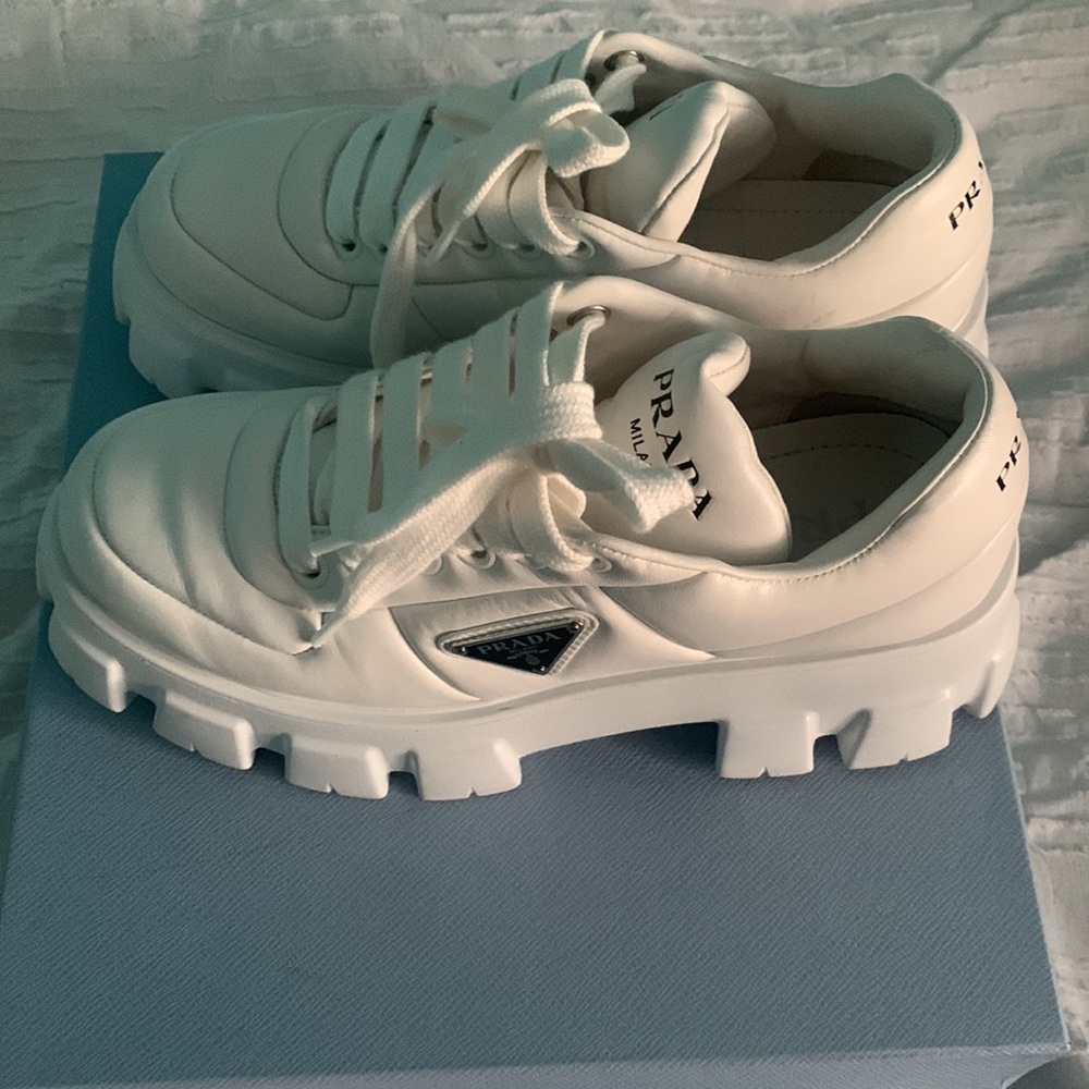 Prada White Chunky Lug Sole Leather Sneakers